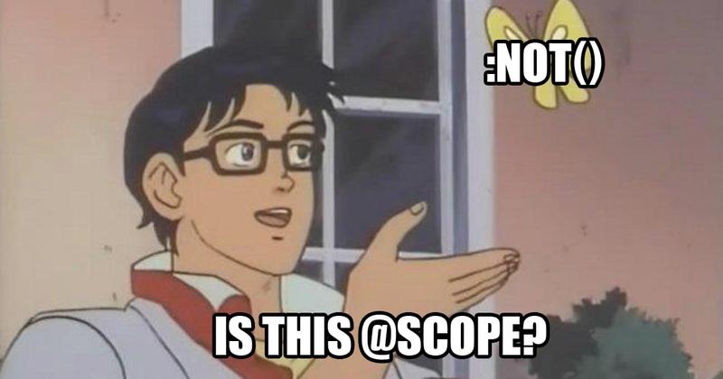 A variation of the meme where an anime character looks at a butterfly and says 'Is this a pigeon?'. This one is captioned 'Is this at-scope?' with the text ':has()' superimposed on the butterfly.
